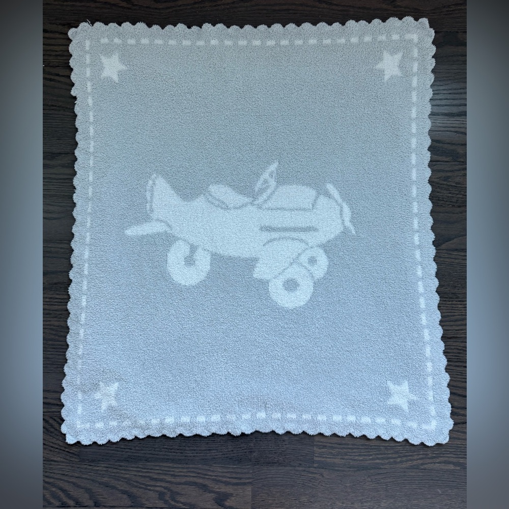 Barefoot Dreams CozyChic Blue and White Airplane Scalloped Baby Blanket - Picture 4 of 7